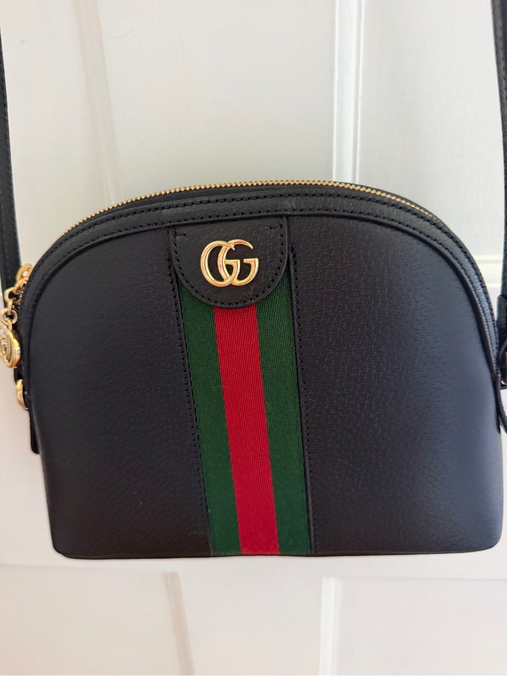 Gucci Black Leather Crossbody with Green and Red Web Stripe